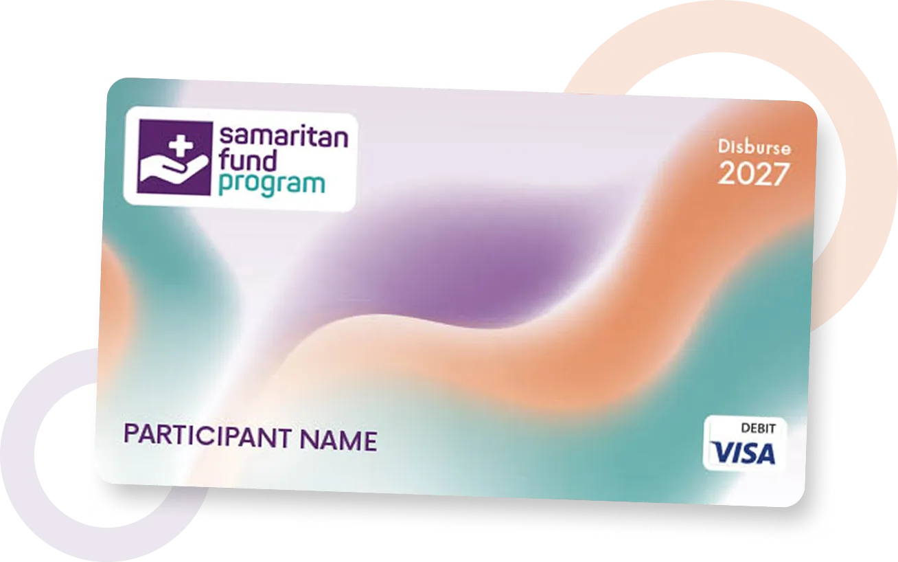 An SFP Visa debit card showing the Samaritan Fund Program logo, a participant name line, and a Disburse 2027 date.